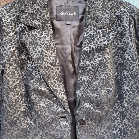 Arden B 100% Real Leather Floral Blazer Jacket Sz L Gray Black Sliver unique - Picture 3 of 5
